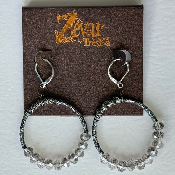 ZEVAR by TRESKA Earrings Bohemian Hoops Beaded Smokey Wire Wrap Silver - Picture 5 of 6